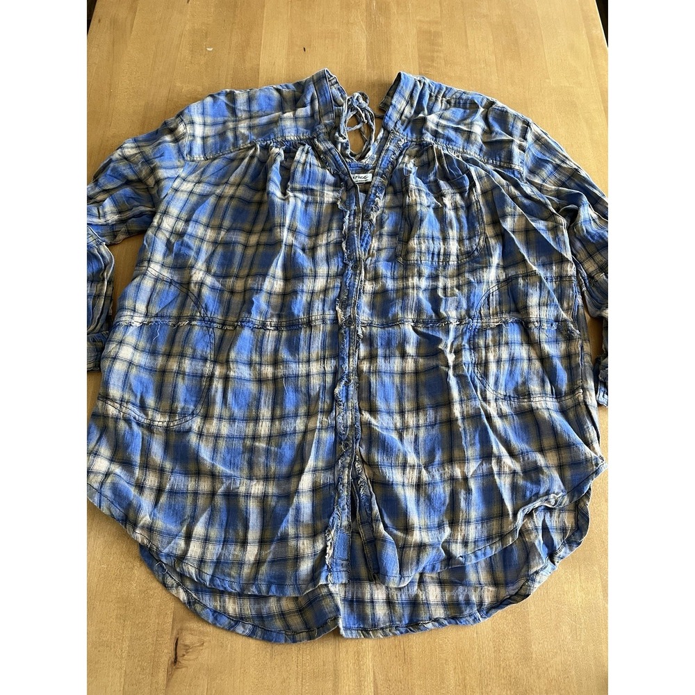 We The Free Blue Plaid Tunic Top Large Boho Raw Edge Button Cotton Oversized L
